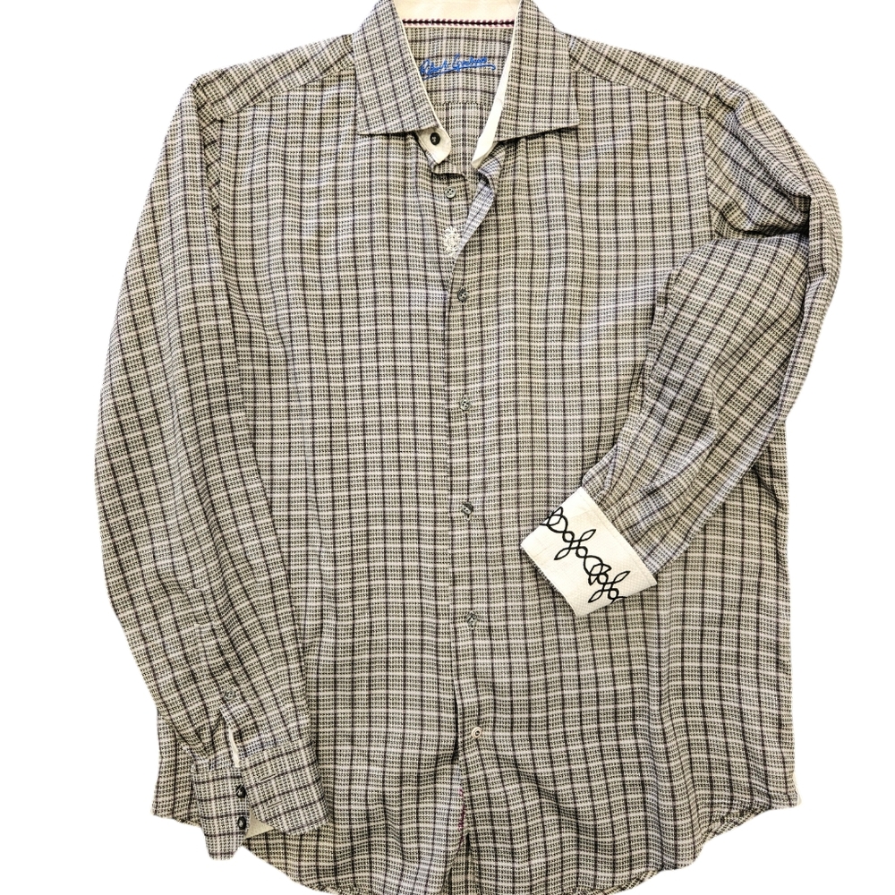 Robert Graham grey and white houndstooth plaid button up shirt